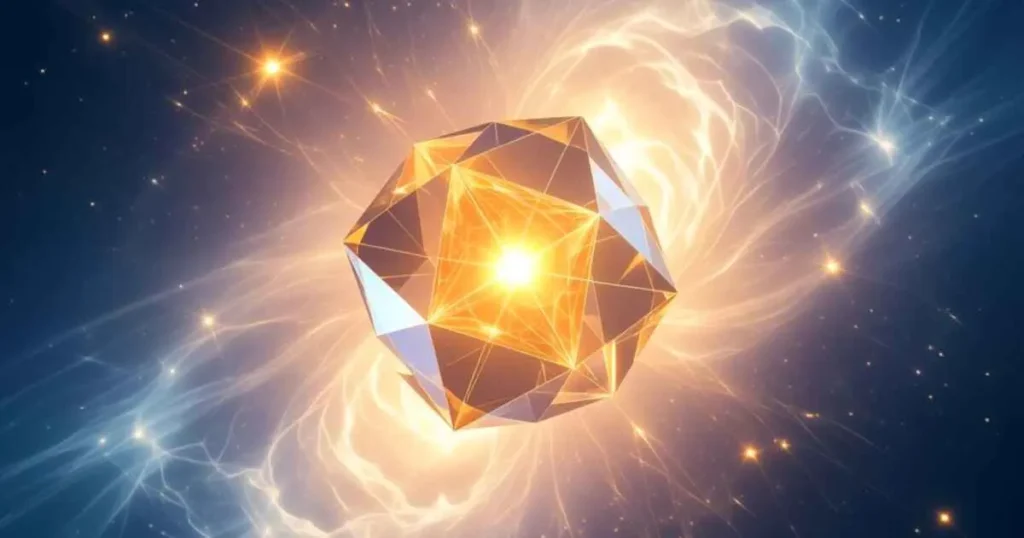 A digital illustration of a glowing, multifaceted crystal floating in deep space depicting time crystal behavior in Neutron Star.