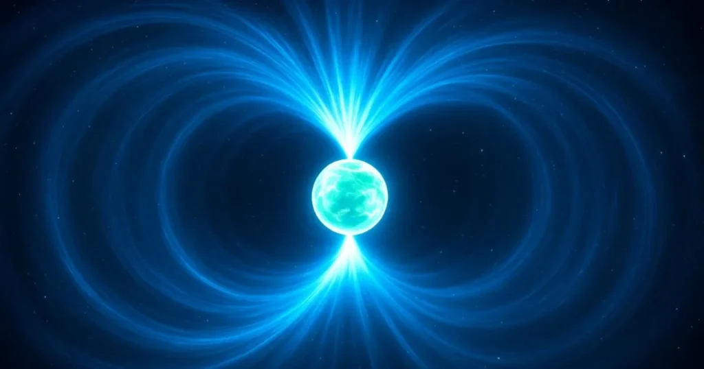 Magnetar illustration: a dense neutron star with an extreme magnetic field and cosmic flare. Magnetar illustration: a dense neutron star with an extreme magnetic field and cosmic flare.