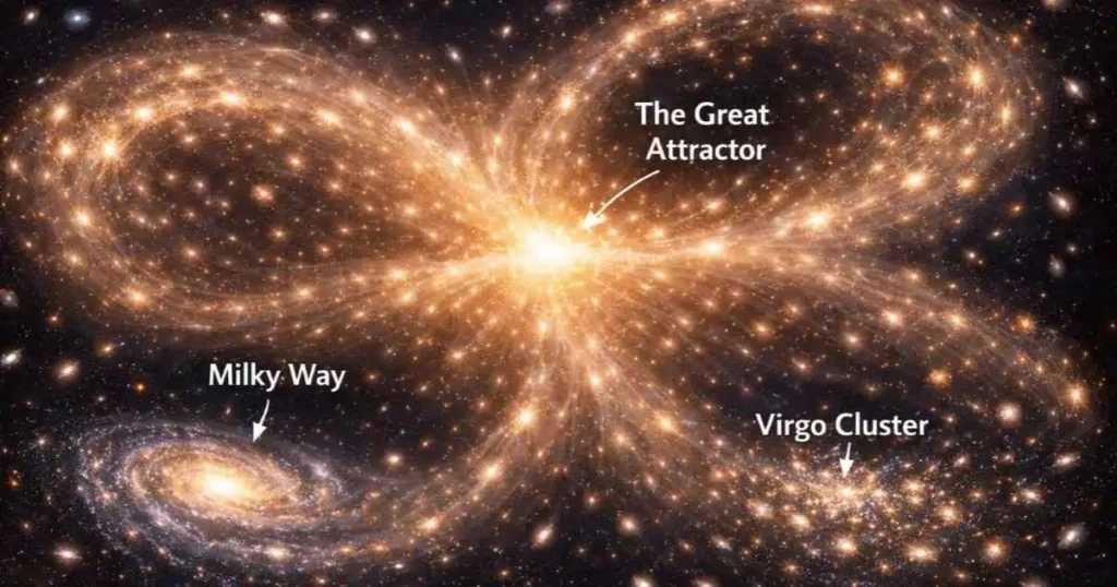 Illustration of the Laniakea Supercluster highlighting the Milky Way galaxy, Virgo Cluster, and the Great Attractor within the cosmic web. Illustration of the Laniakea Supercluster highlighting the Milky Way galaxy, Virgo Cluster, and the Great Attractor within the cosmic web.
