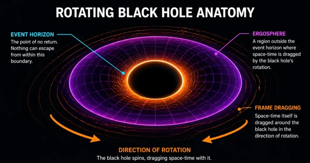 Diagram of a rotating black hole showing the ergosphere and event horizon