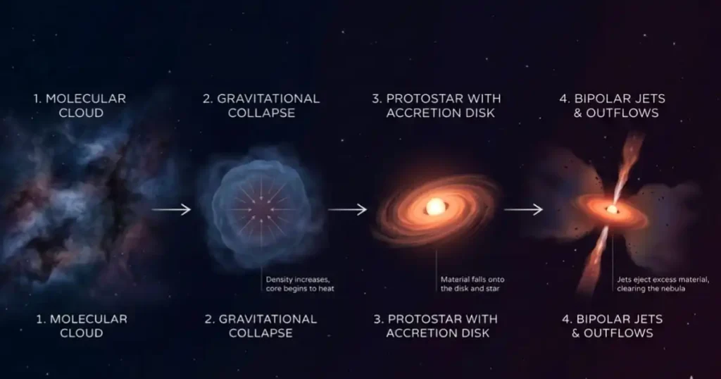 Stages of star formation from molecular cloud to protostar with accretion disk and bipolar jets
